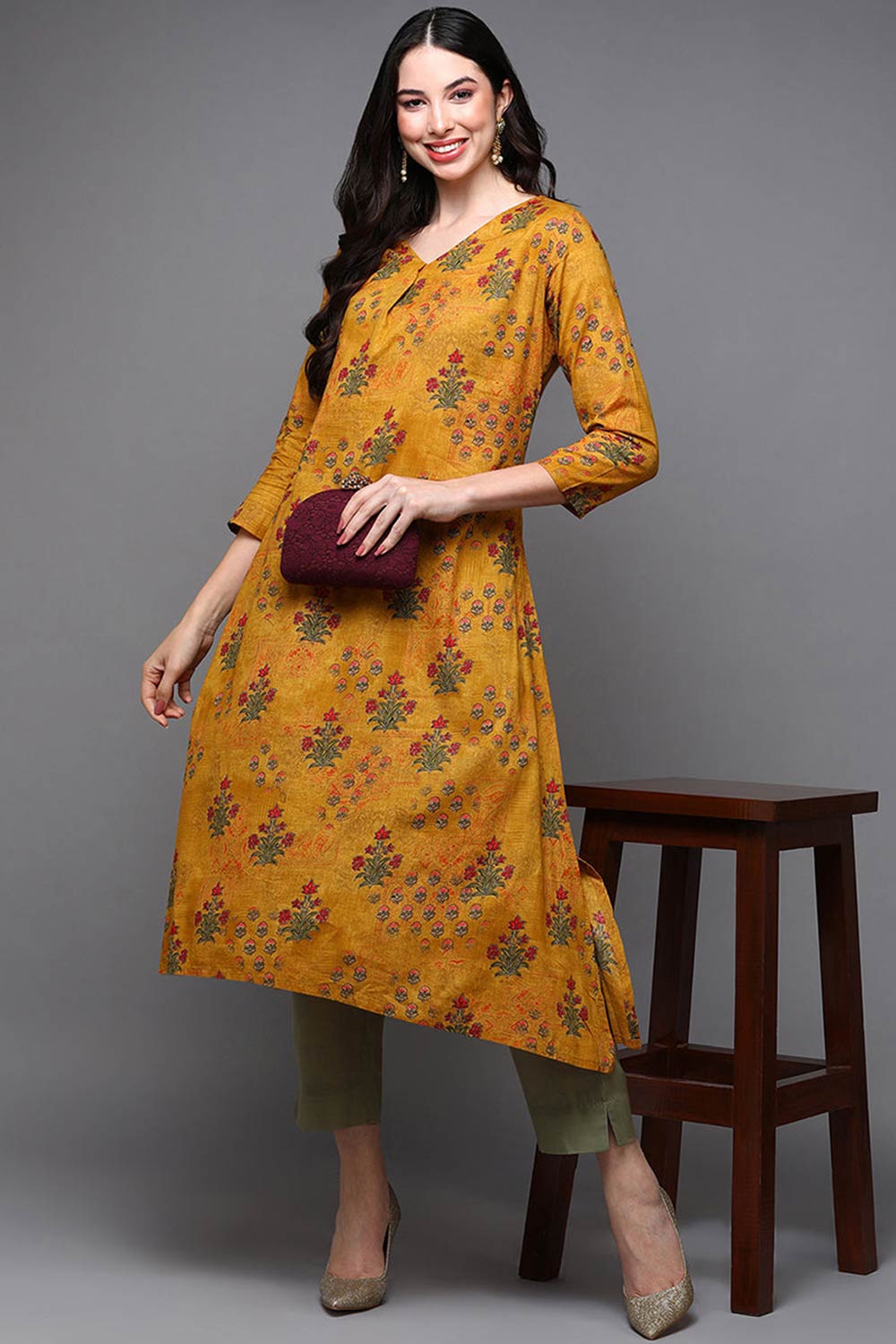 Yellow Cotton Floral Straight Fit KurtI Set