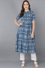 Blue Rayon Printed Flared Fit KurtI Set