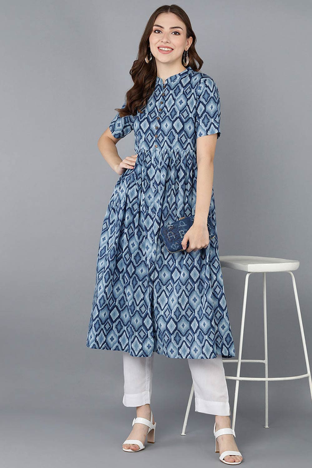 Blue Rayon Printed Flared Fit KurtI Set