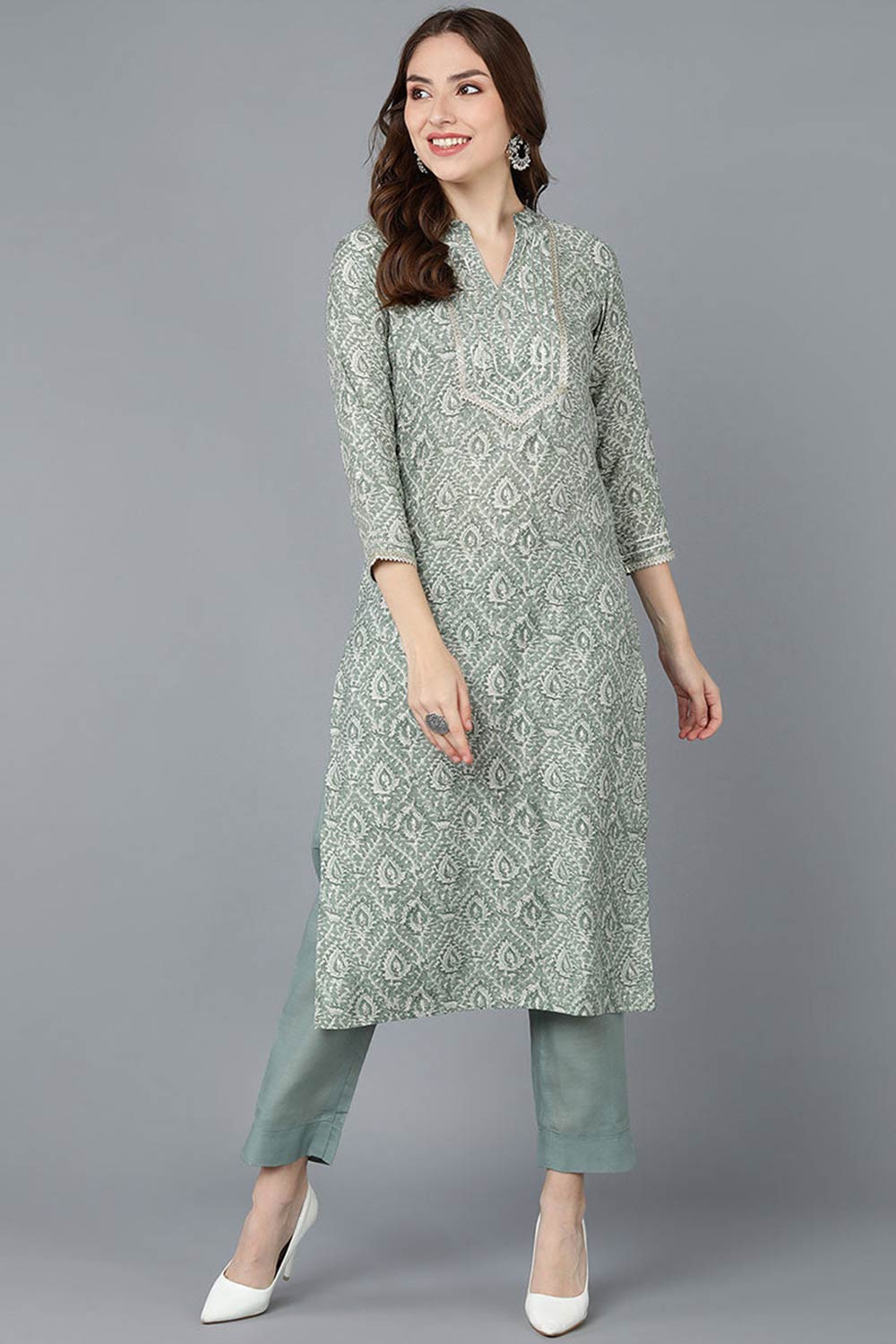 Green Cotton Printed Straight Fit KurtI Set