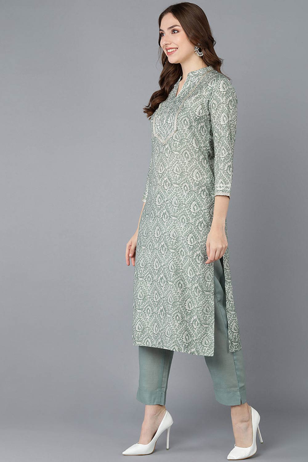 Green Cotton Printed Straight Fit KurtI Set