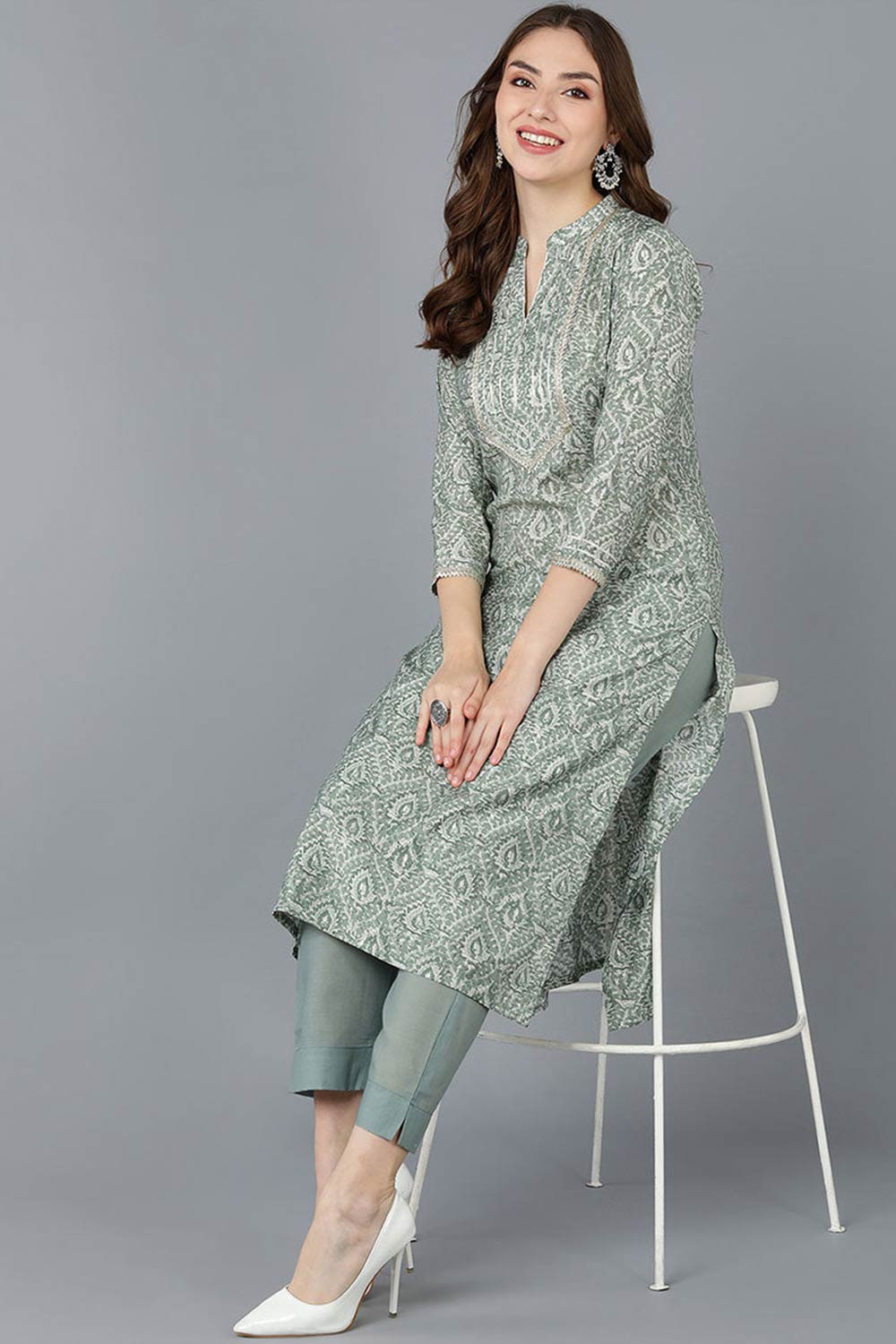 Green Cotton Printed Straight Fit KurtI Set