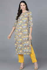 Grey Cotton Round Neck KurtI Set