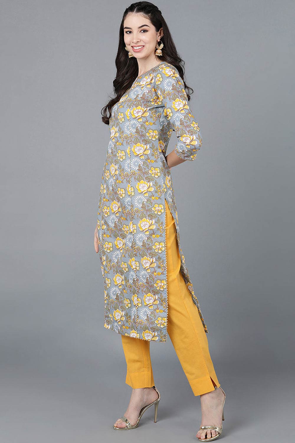 Grey Cotton Round Neck KurtI Set