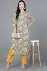 Grey Cotton Round Neck KurtI Set