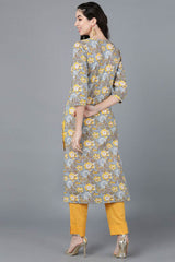 Grey Cotton Round Neck KurtI Set