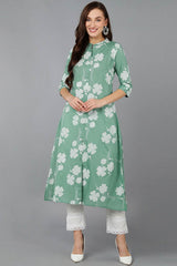 Green Cotton Embroidered Band Collar KurtI Set