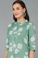 Green Cotton Embroidered Band Collar KurtI Set