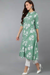 Green Cotton Embroidered Band Collar KurtI Set