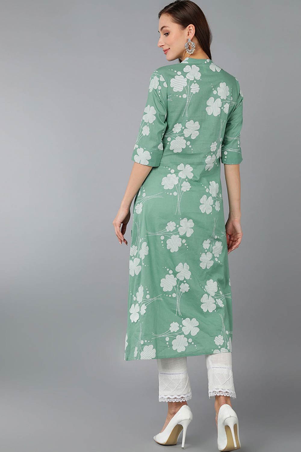 Green Cotton Embroidered Band Collar KurtI Set