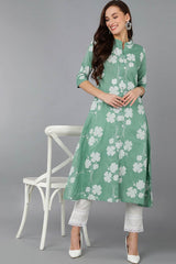 Green Cotton Embroidered Band Collar KurtI Set