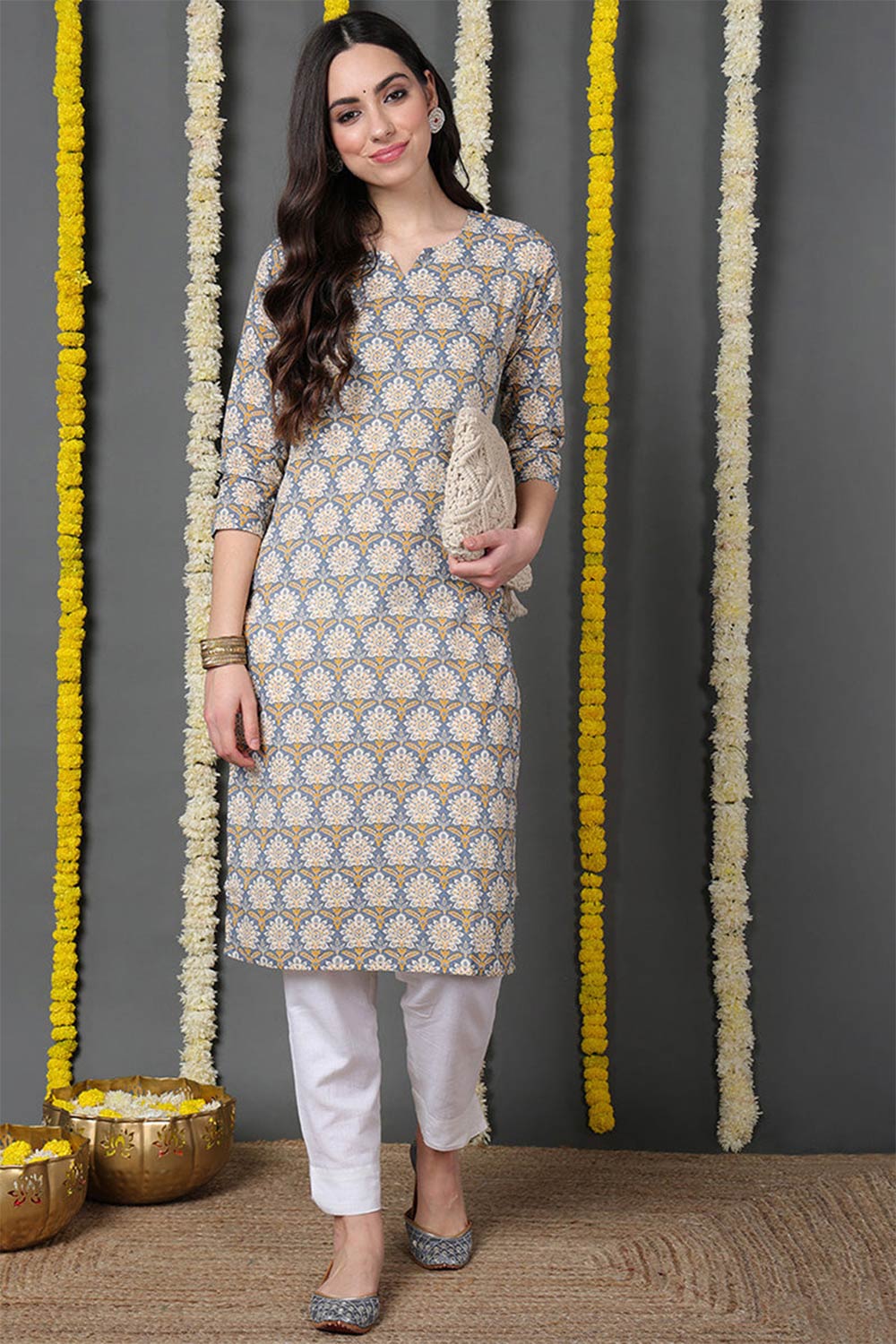 Blue Cotton Printed Straight Fit KurtI Set