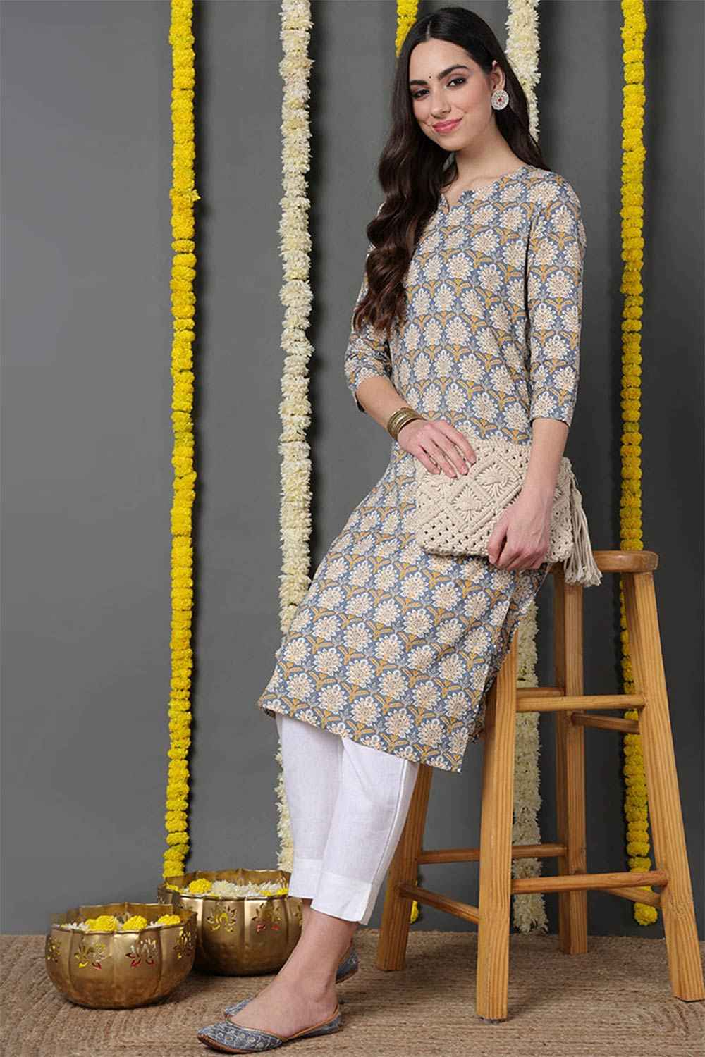 Blue Cotton Printed Straight Fit KurtI Set