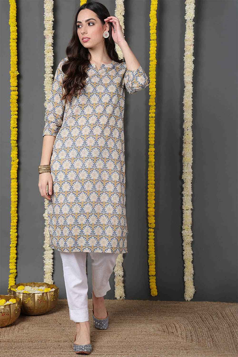 Blue Cotton Printed Straight Fit KurtI Set