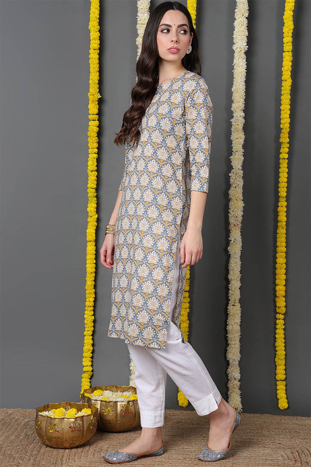 Blue Cotton Printed Straight Fit KurtI Set