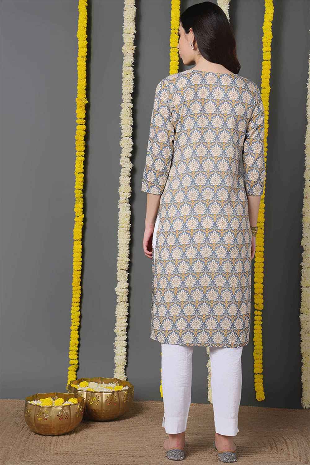 Blue Cotton Printed Straight Fit KurtI Set