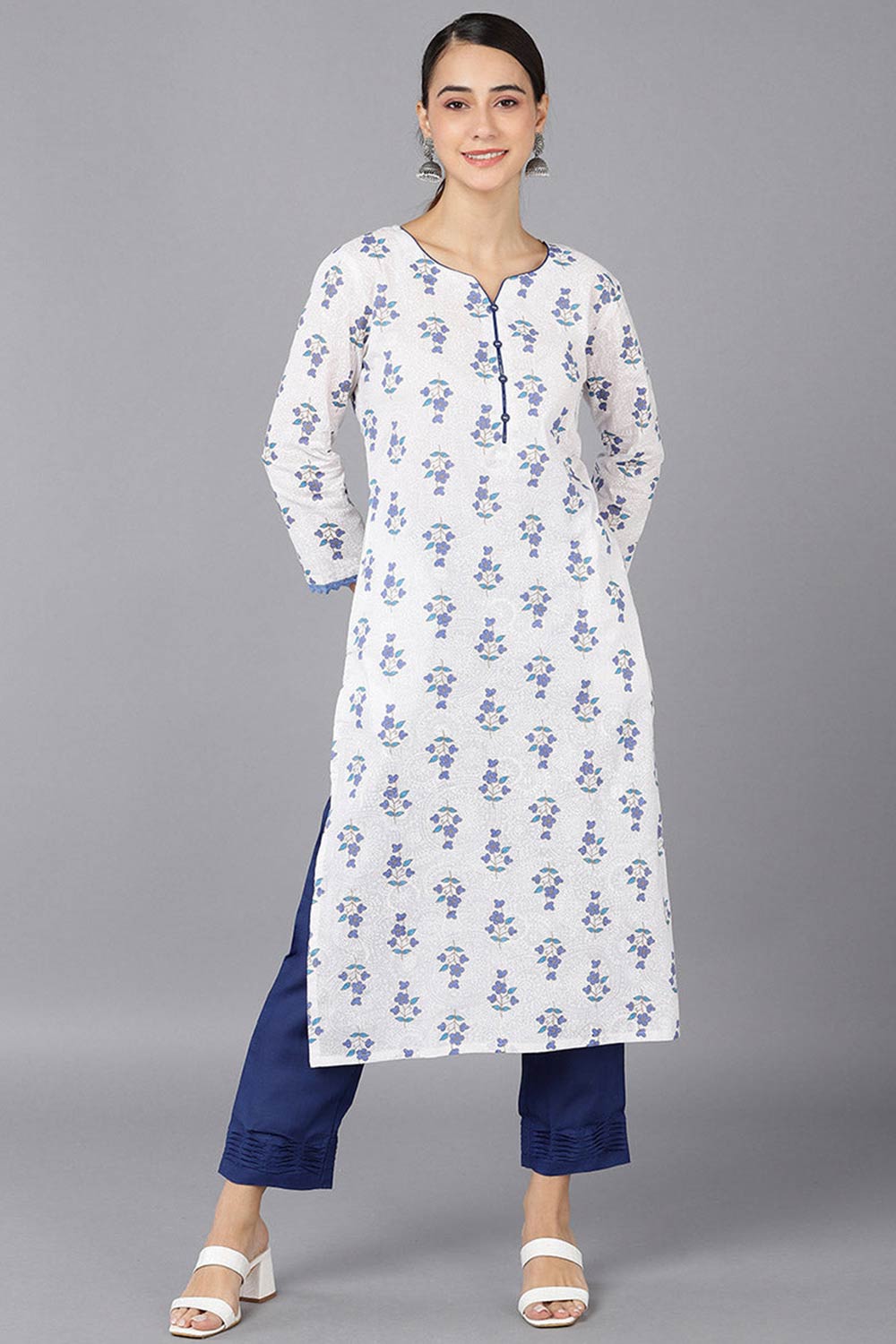 White Cotton Round Neck KurtI Set