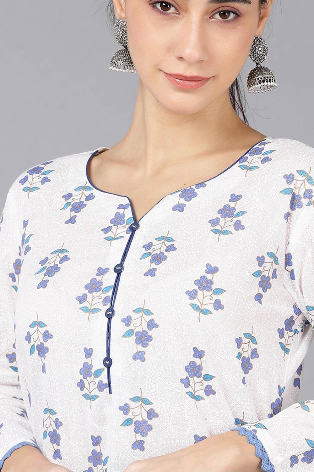 White Cotton Round Neck KurtI Set