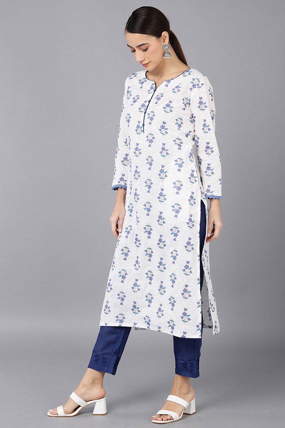 White Cotton Round Neck KurtI Set