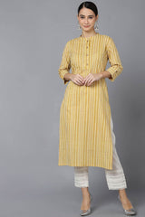 Yellow Cotton Mandarin Collar KurtI Set