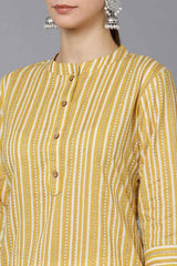 Yellow Cotton Mandarin Collar KurtI Set