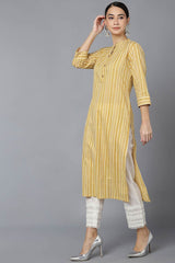 Yellow Cotton Mandarin Collar KurtI Set