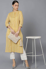 Yellow Cotton Mandarin Collar KurtI Set