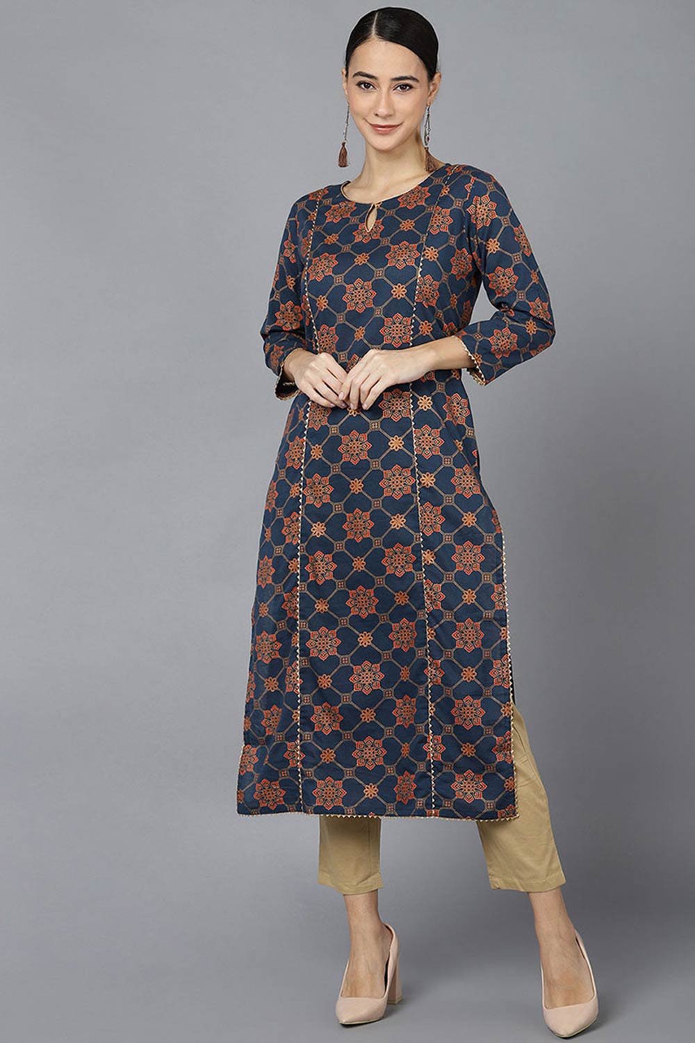 Blue Cotton Keyhole Neck KurtI Set