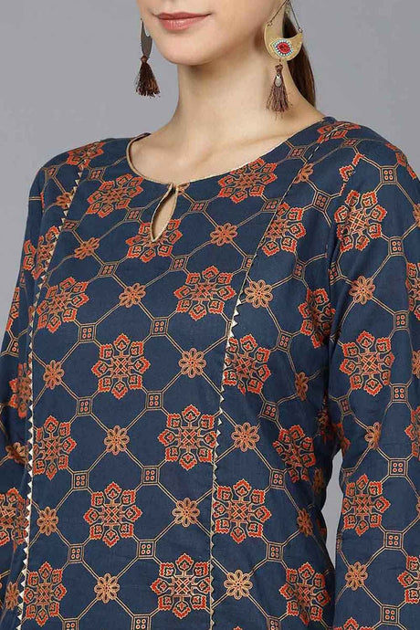 Blue Cotton Keyhole Neck KurtI Set