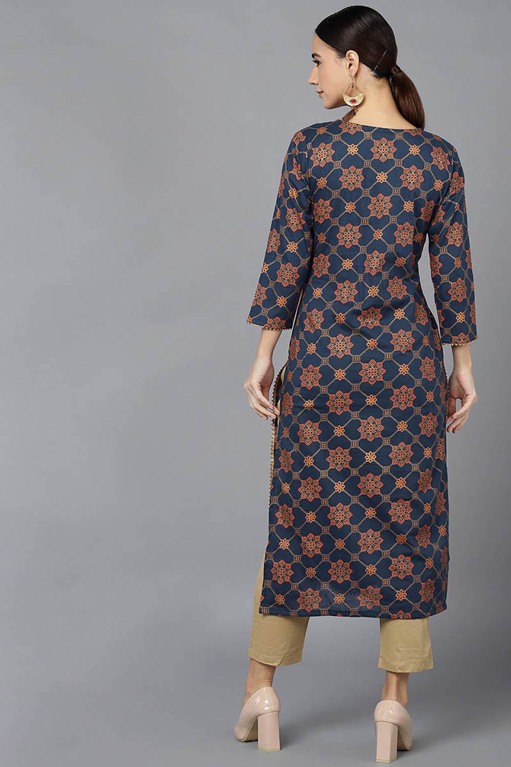 Blue Cotton Keyhole Neck KurtI Set