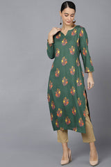 Green Cotton Round Neck KurtI Set