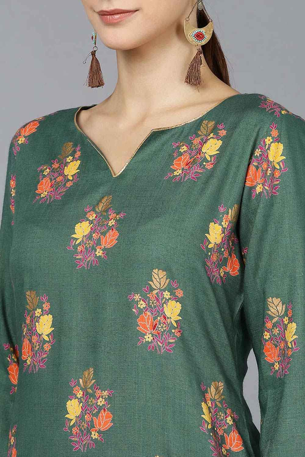 Green Cotton Round Neck KurtI Set