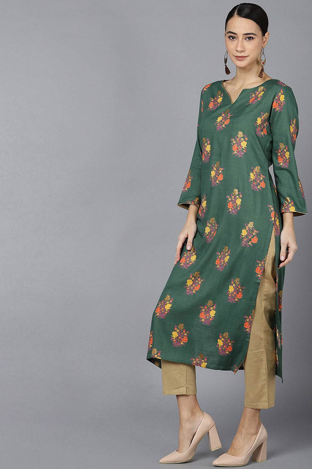 Green Cotton Round Neck KurtI Set