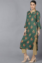 Green Cotton Round Neck KurtI Set