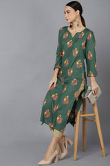 Green Cotton Round Neck KurtI Set