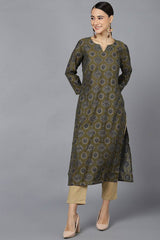 green Polysilk Mandarin Collar KurtI Set