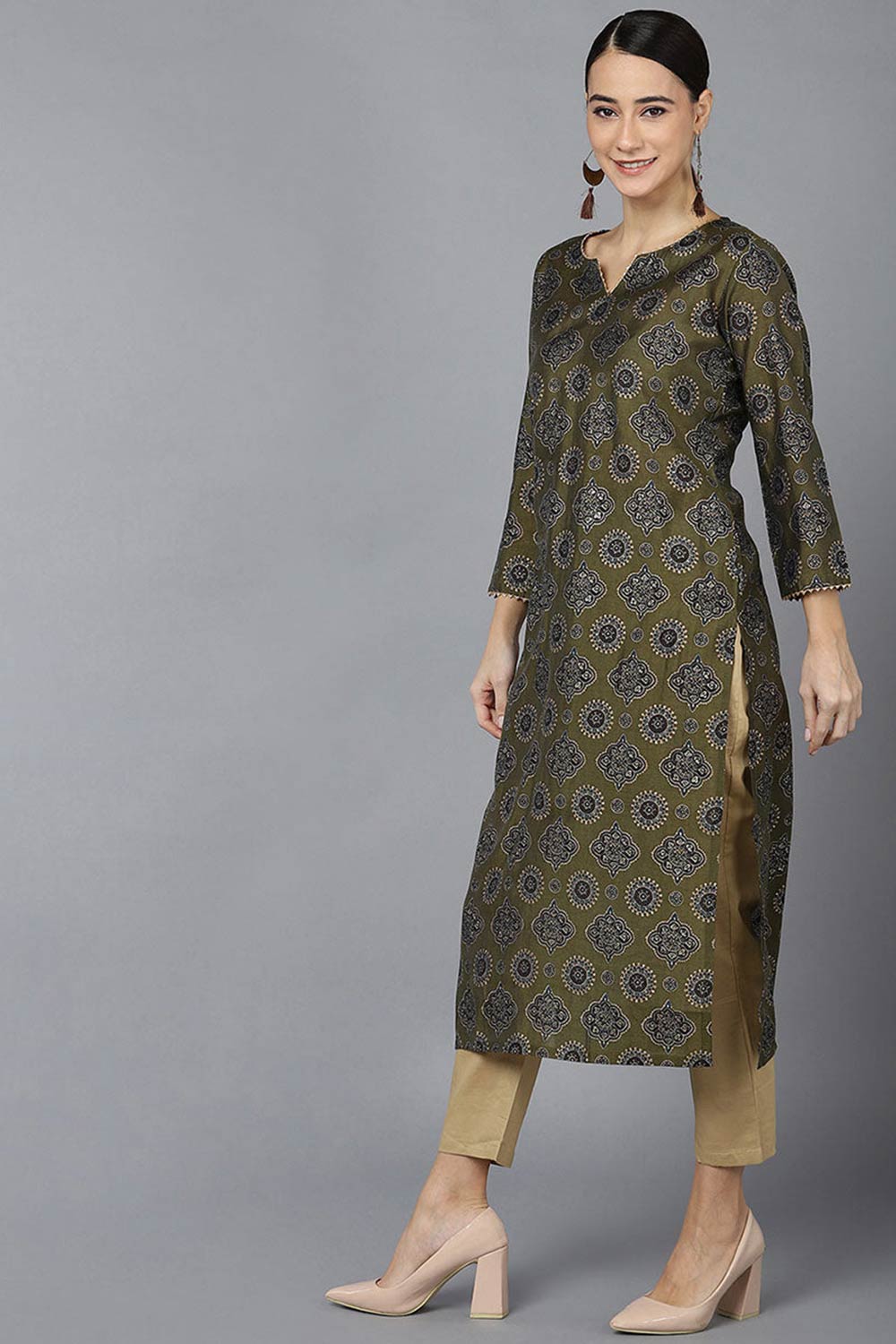 green Polysilk Mandarin Collar KurtI Set