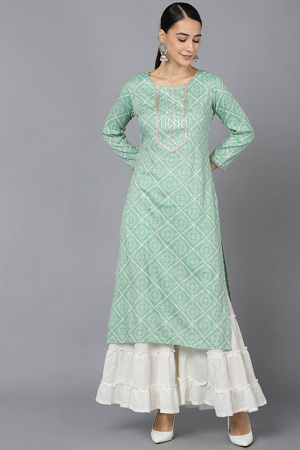 Green Rayon Round Neck KurtI Set