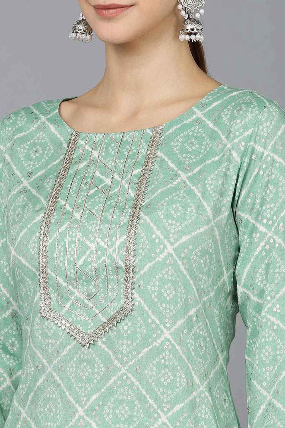 Green Rayon Round Neck KurtI Set