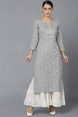 Grey Rayon Round Neck KurtI Set