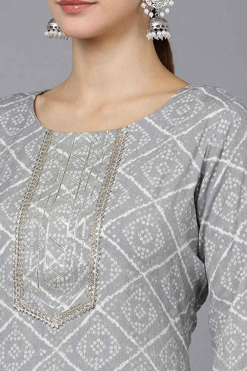 Grey Rayon Round Neck KurtI Set