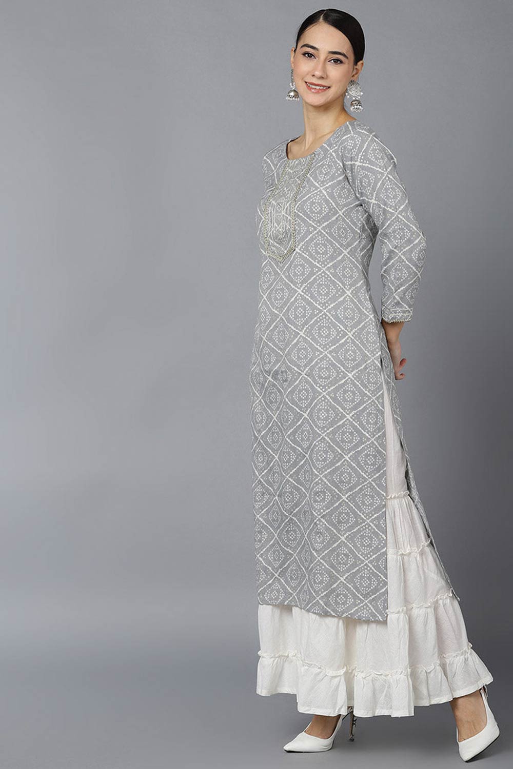 Grey Rayon Round Neck KurtI Set