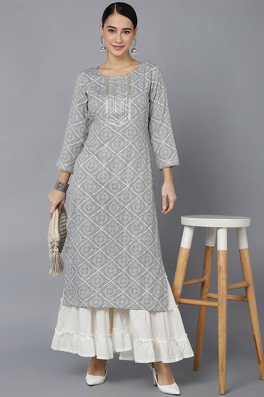 Grey Rayon Round Neck KurtI Set