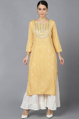 Yellow Rayon Round Neck KurtI Set