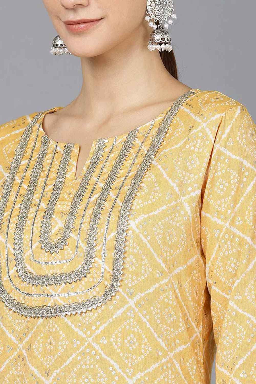 Yellow Rayon Round Neck KurtI Set