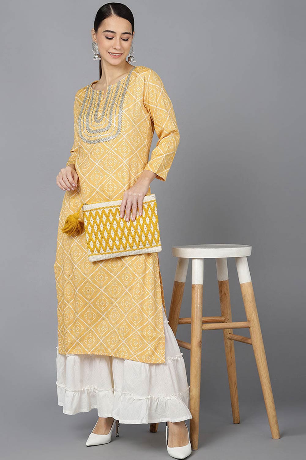 Yellow Rayon Round Neck KurtI Set