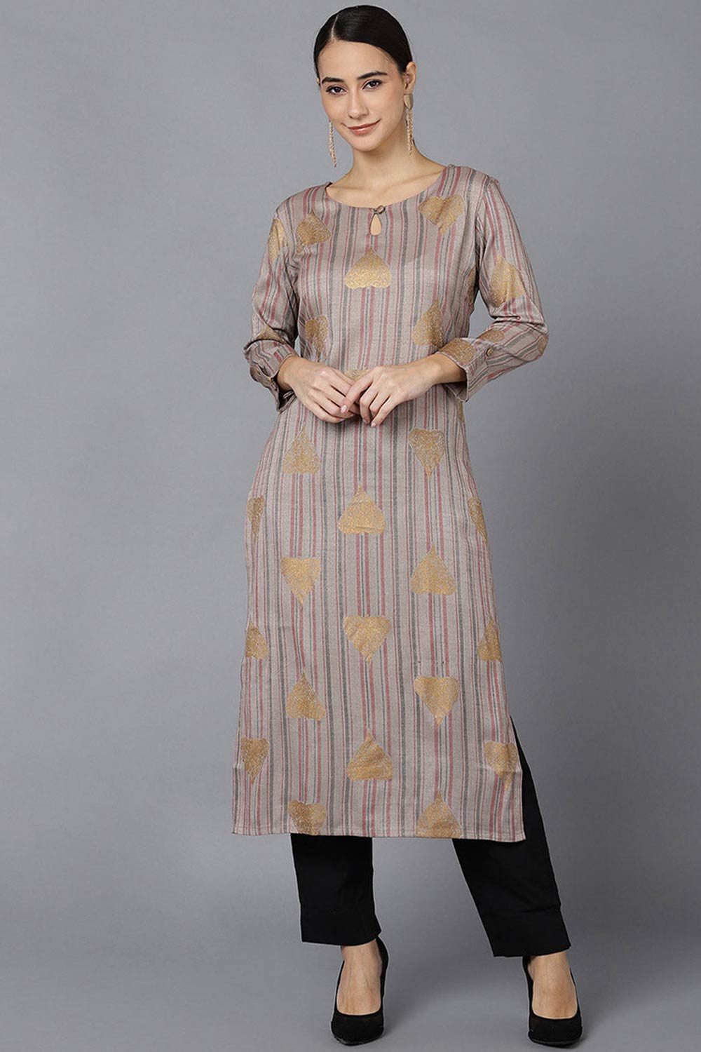 Grey Cotton Keyhole Neck KurtI Set