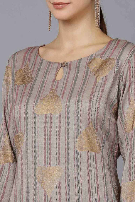 Grey Cotton Keyhole Neck KurtI Set