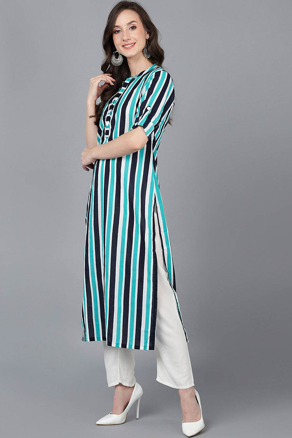 Multi-Color Cotton Mandarin Collar KurtI Set