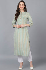 Green Cotton Mandarin Collar KurtI Set